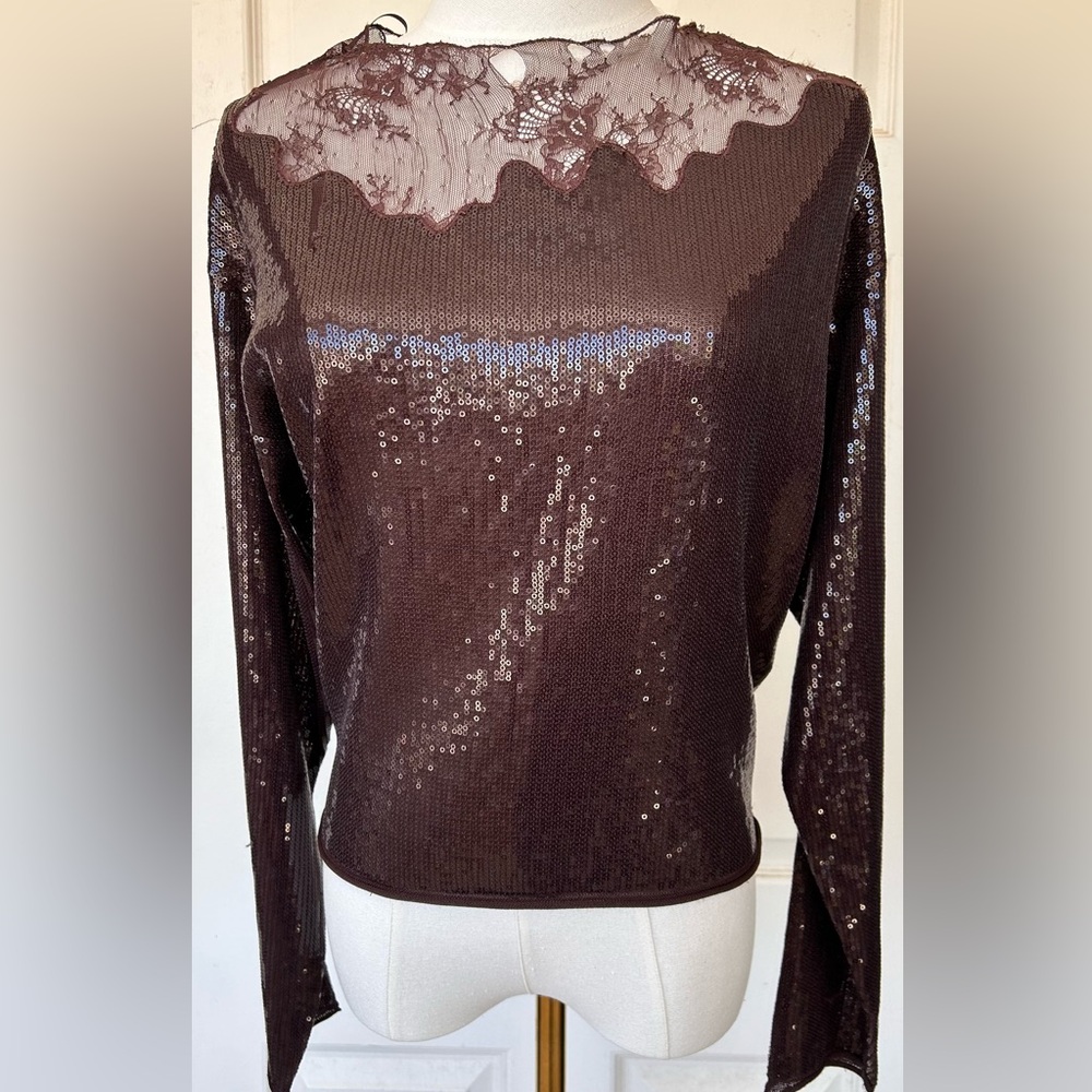 Zara Women’s Sequin & Lace Boatneck Long Sleeve Top Size Small